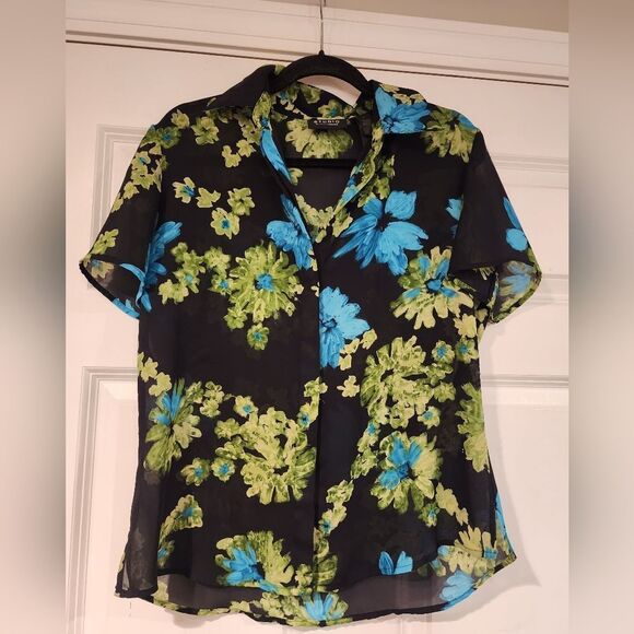 Liz Claiborne black floral sheer button up blouse - Picture 1 of 4